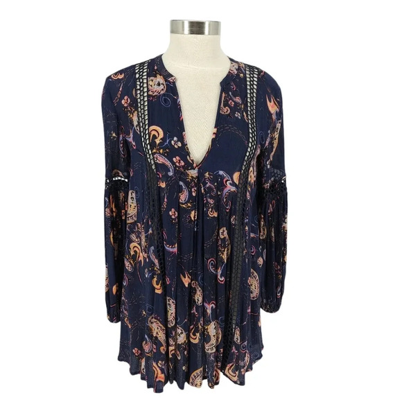 Free People Just The Two Of Us Shift Tunic Dress Navy Paisley Long Sleeve - Picture 1 of 7